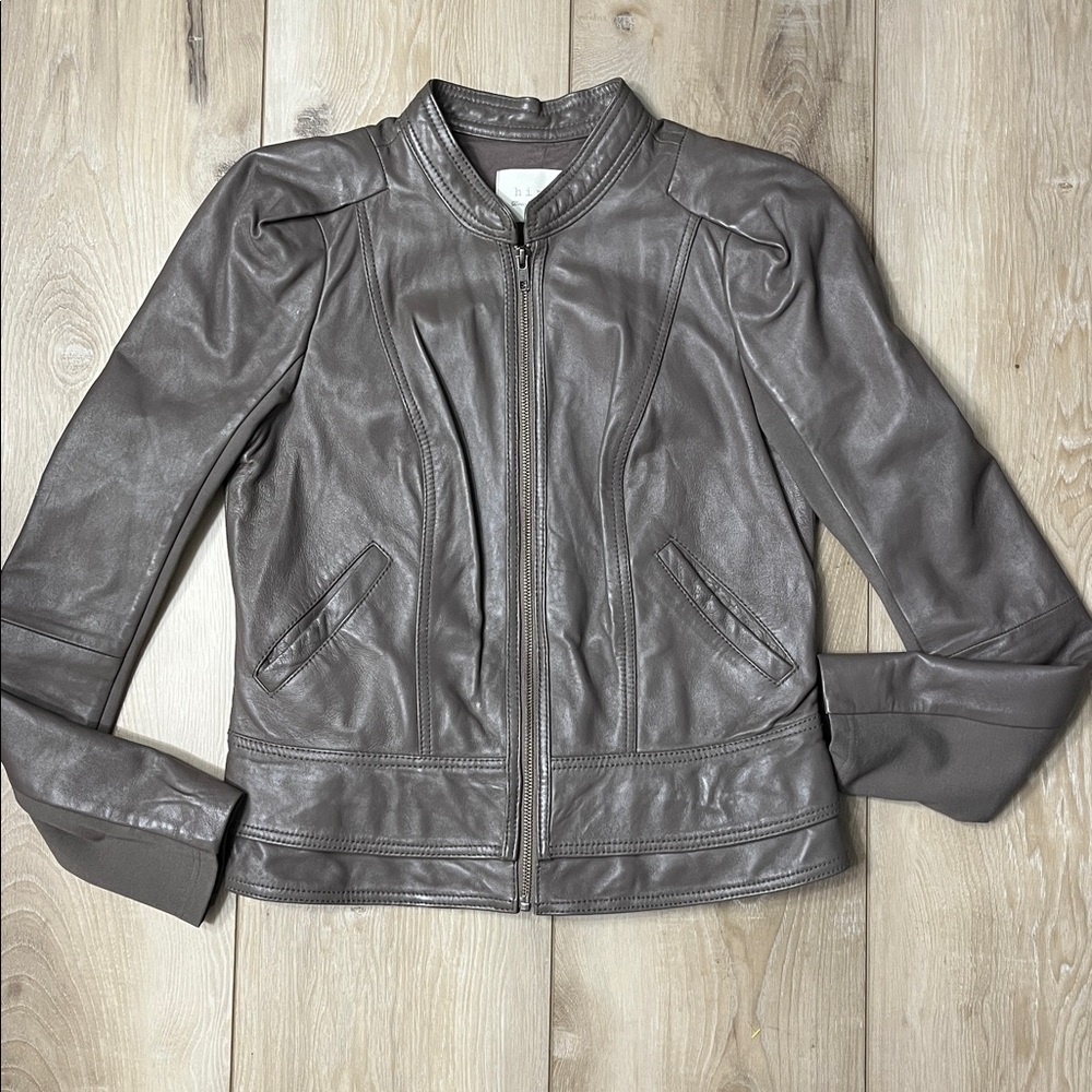 Hinge Womens Leather Full Zip Moto Jacket Taupe Size Medium